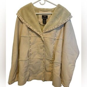 DENNIS BASSO White/Ivory Faux Shearling Shawl Collar Coat Large Saddle Stitching